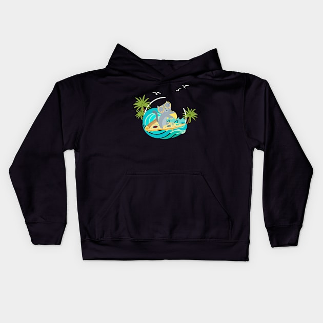 Surfing cat at a Pizza Kids Hoodie by Chaoscreator